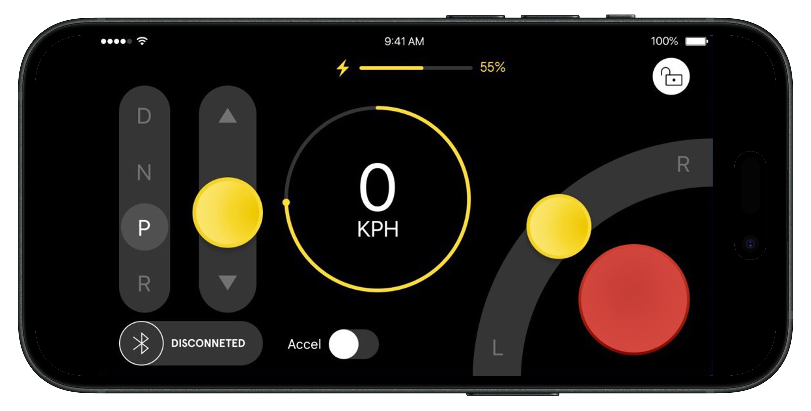 Arrival vehicle control app — landscape control surface with iOS status bar