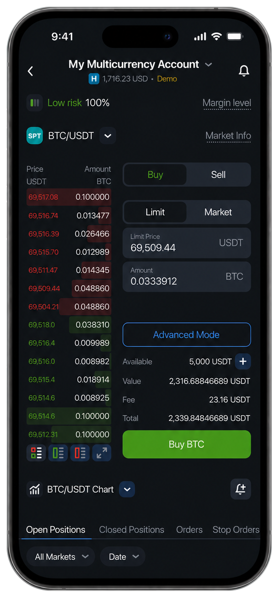 B2Trader — Trading view with real-time order book and buy/sell panel