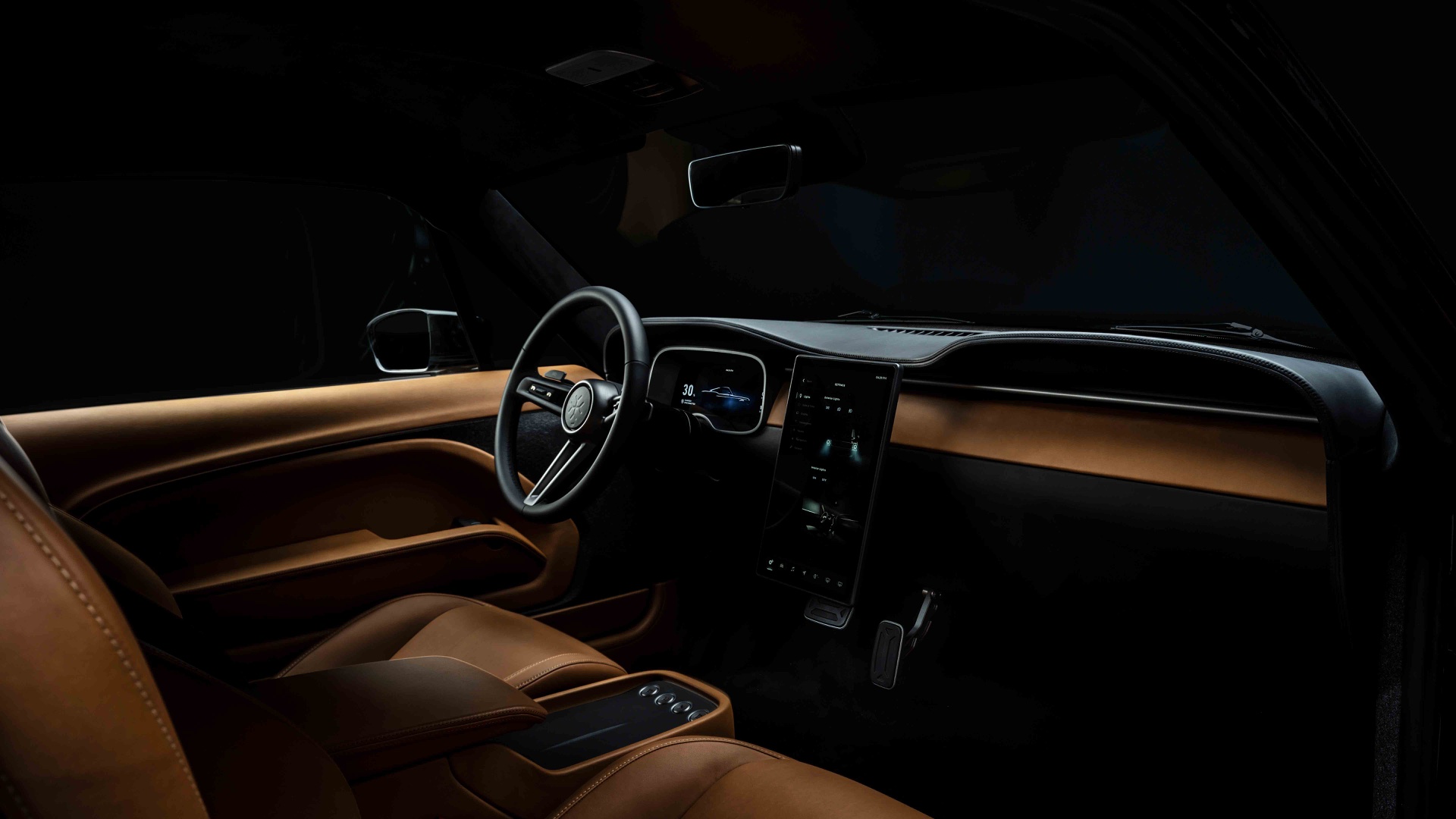 Charge Cars Mustang — interior with leather seats and twin displays